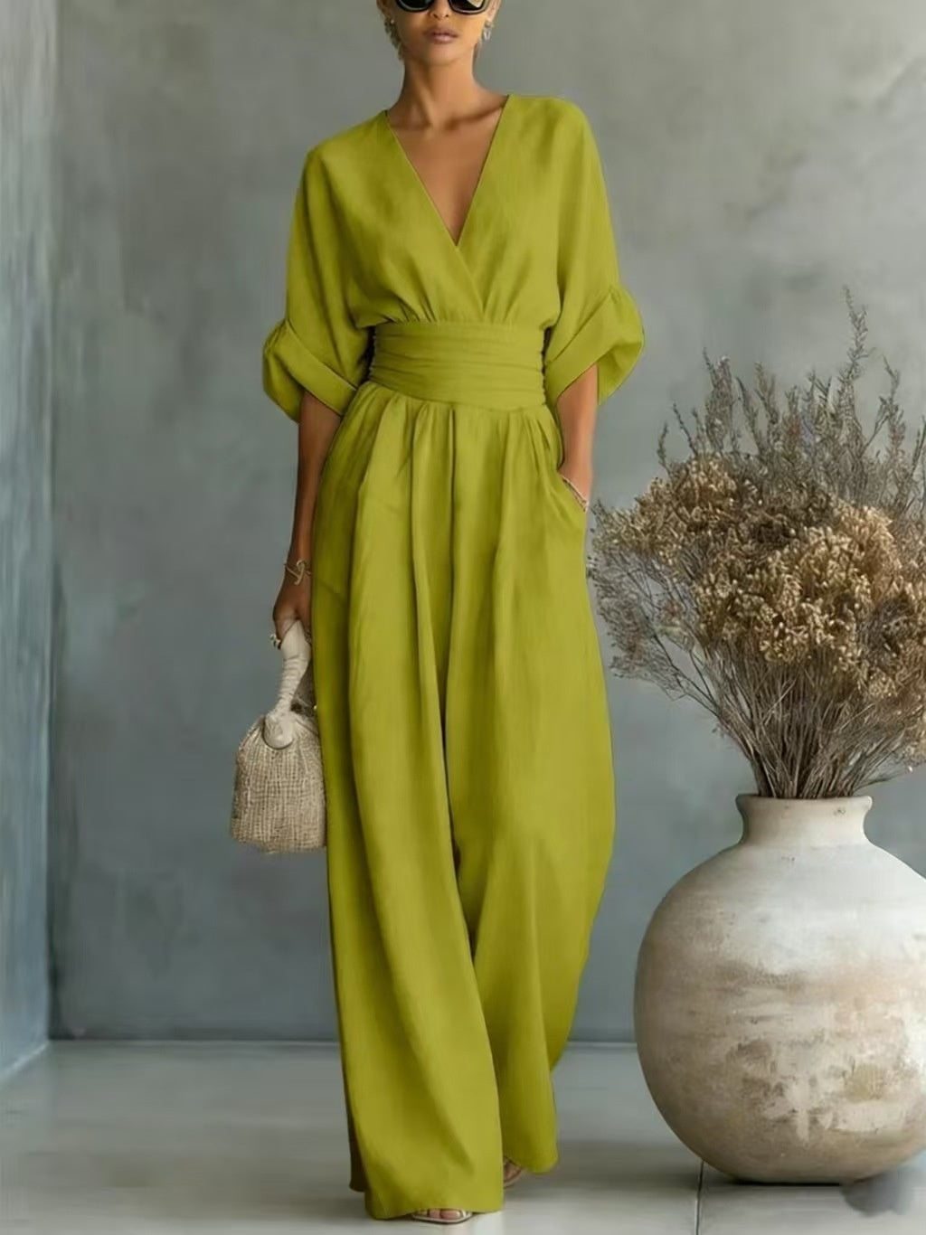 Elegant Waist-cinching V-neck Slimming Chic Jumpsuit For Women