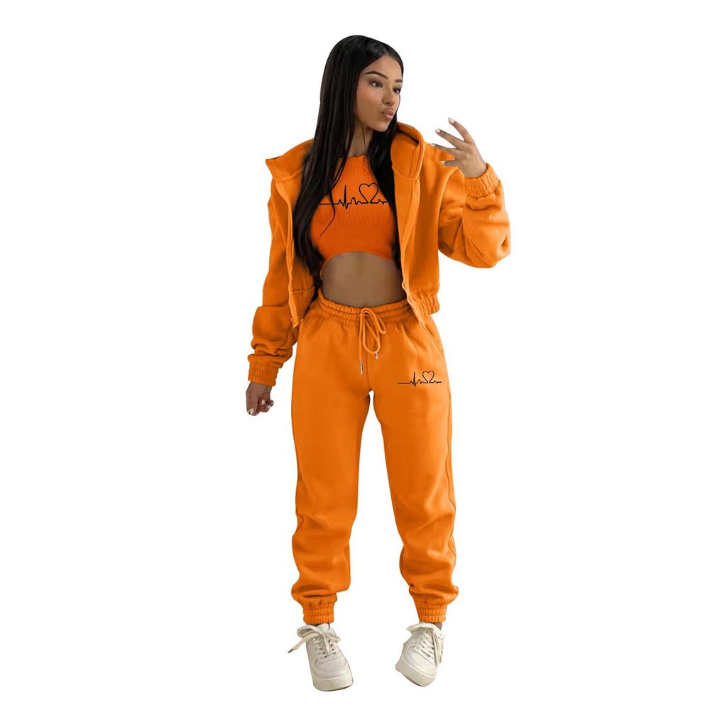 European And American Fashion Women's Wear Brushed Hoody Hooded Letter-print Casual Suit Three-piece Set