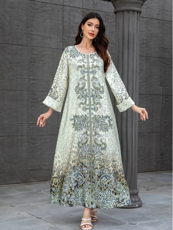 Elegant Floral Print Long Sleeve Abaya Dress