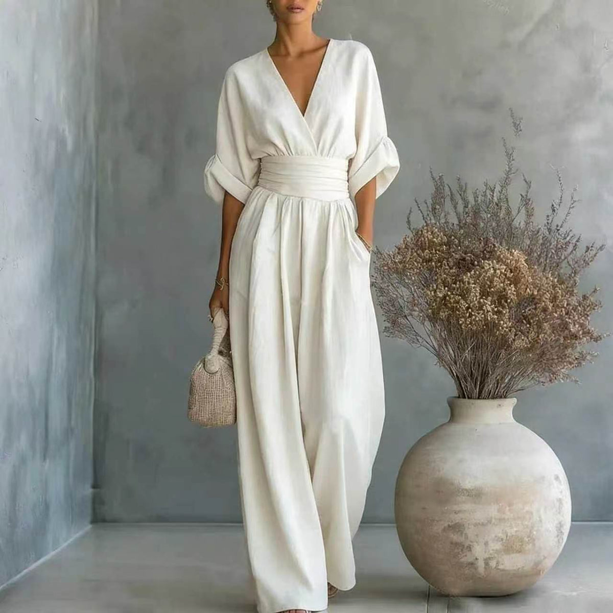 Elegant Waist-cinching V-neck Slimming Chic Jumpsuit For Women