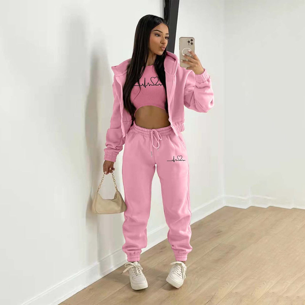 European And American Fashion Women's Wear Brushed Hoody Hooded Letter-print Casual Suit Three-piece Set