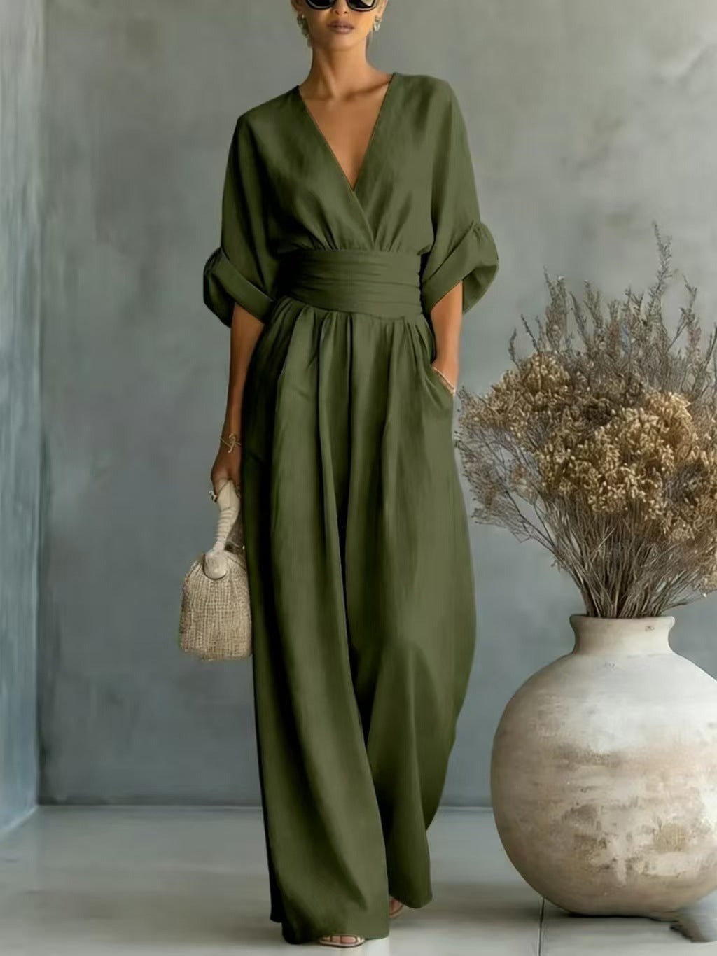 Elegant Waist-cinching V-neck Slimming Chic Jumpsuit For Women