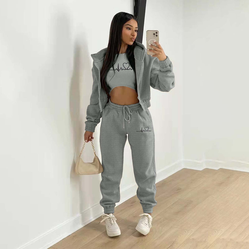 European And American Fashion Women's Wear Brushed Hoody Hooded Letter-print Casual Suit Three-piece Set