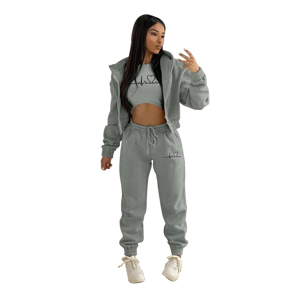 European And American Fashion Women's Wear Brushed Hoody Hooded Letter-print Casual Suit Three-piece Set