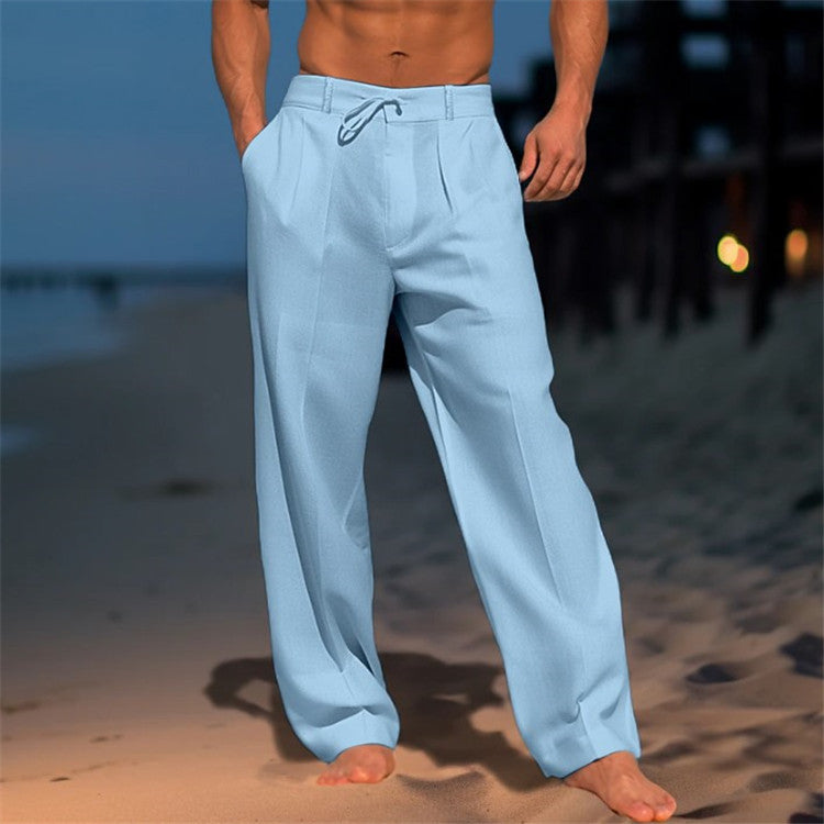 Casual Wide-Leg Straight Pants With Pockets Fashion Drawstring Trousers For Men Clothing