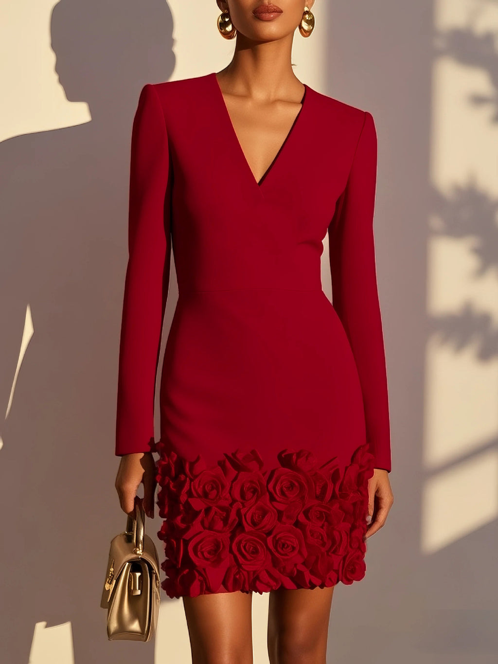 Women's V-Neck Dress With Three-Dimensional Floral Embroidery - Elegant Bodycon Midi Dress For Party Office Wear