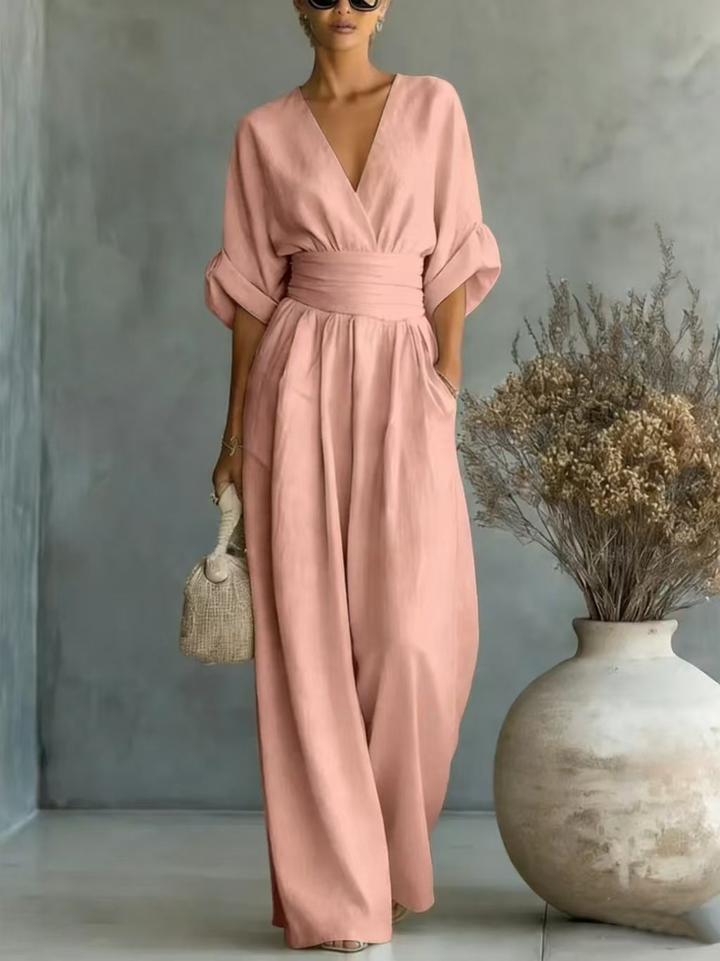 Elegant Waist-cinching V-neck Slimming Chic Jumpsuit For Women