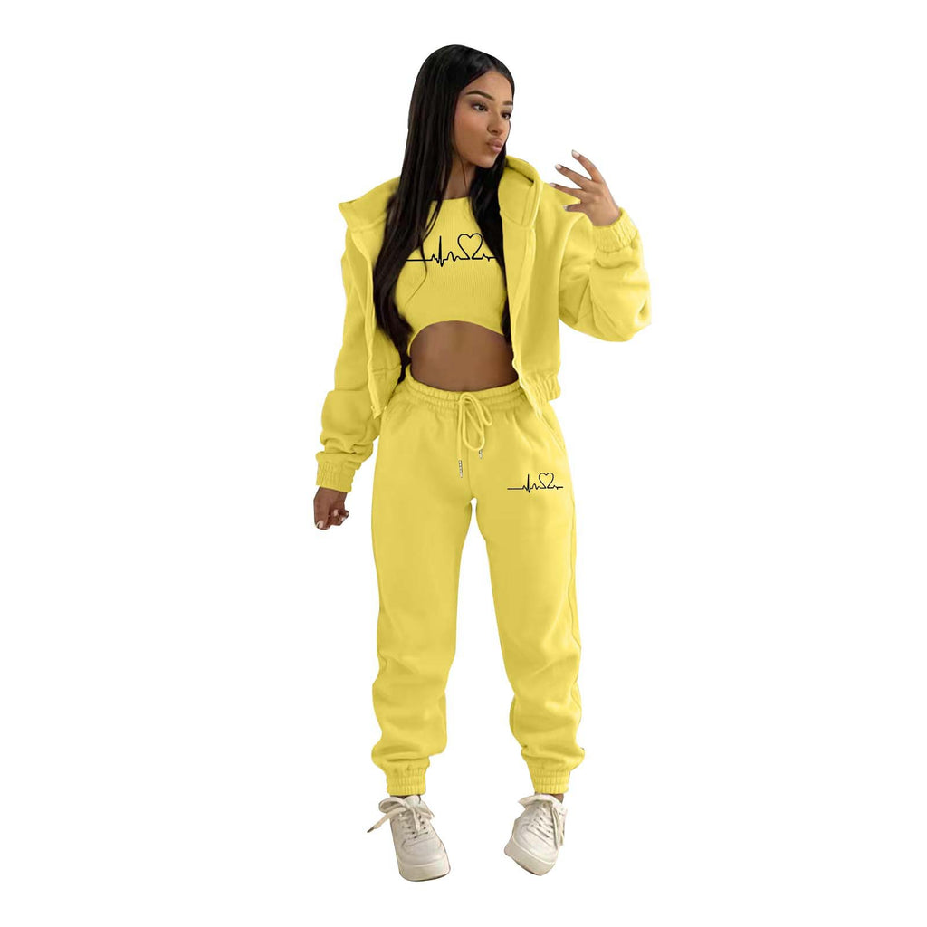 European And American Fashion Women's Wear Brushed Hoody Hooded Letter-print Casual Suit Three-piece Set