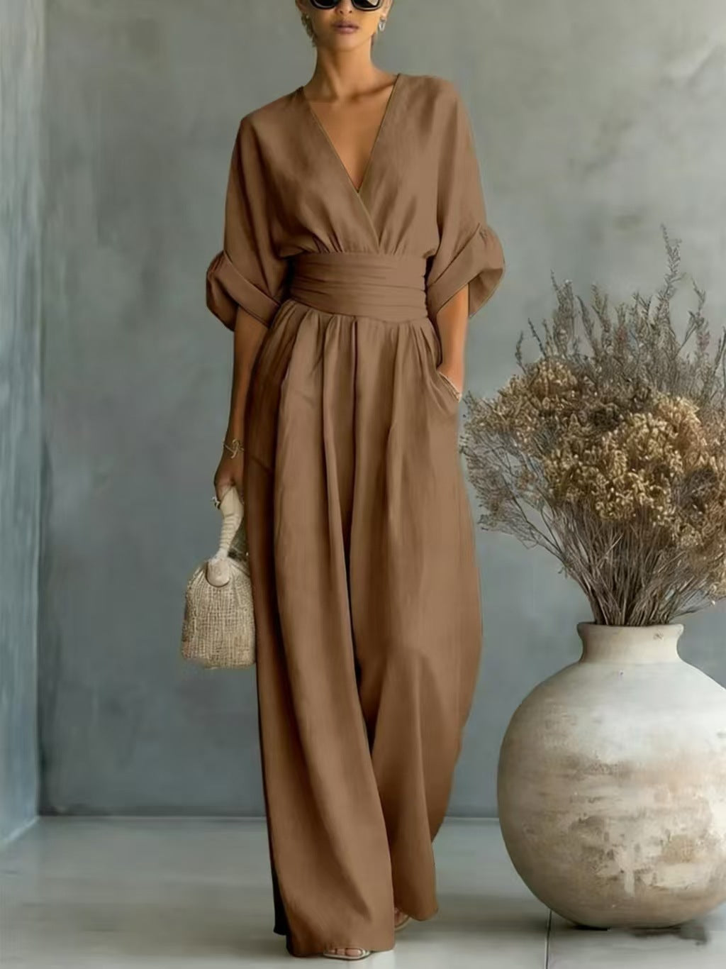 Elegant Waist-cinching V-neck Slimming Chic Jumpsuit For Women